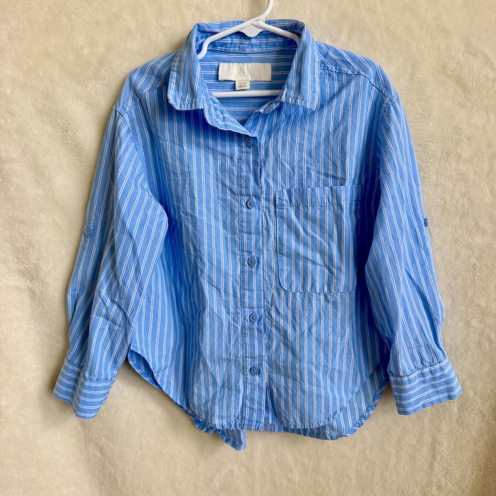 Zara Girls Blue White Striped Button Down Shirt Curved Hem Size 6/7 Cotton Top